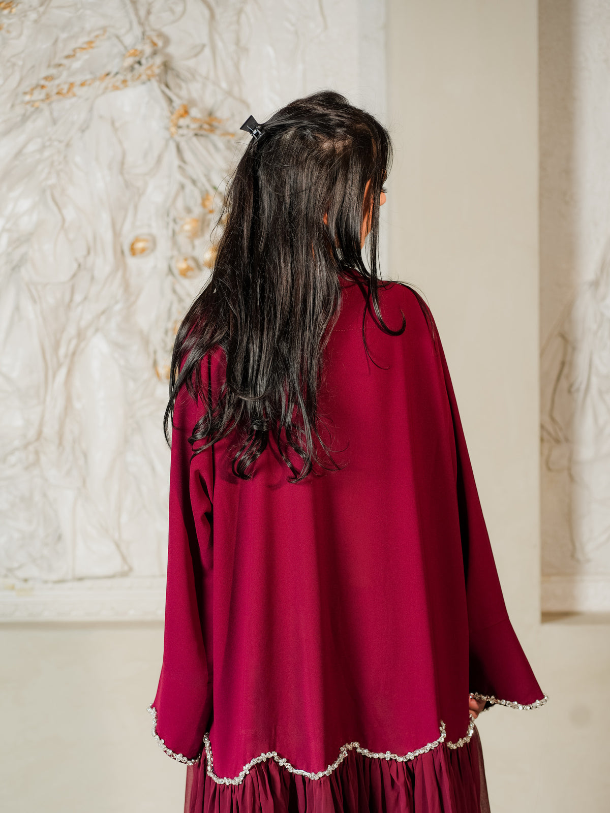 Elanur Abaya in Burgundy, worn with the Elanur Inner Dress